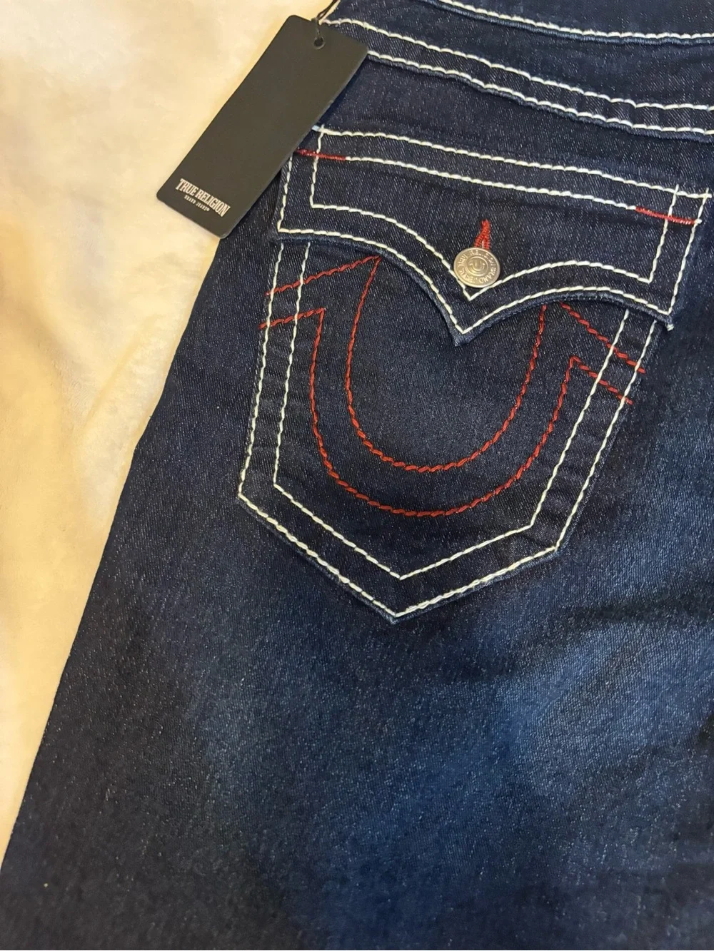 True Religion Men’s Dark Indigo Denim Shorts with Contrast Stitching